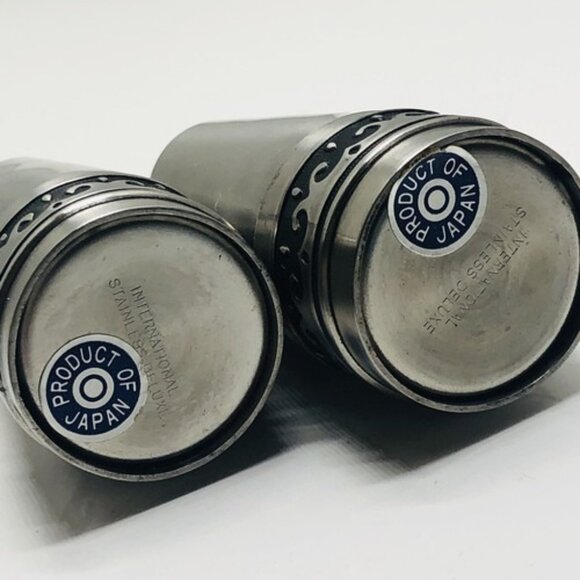 Vintage Salt And Pepper Shaker Set Stainless Steel Deluxe Black Wave Inlay Japan - Picture 7 of 12